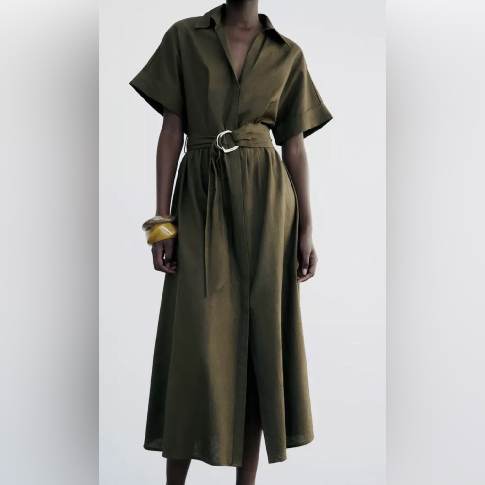 Zara New Green Linen Blend Belted Shirtdress .Short Sleeve. Size L